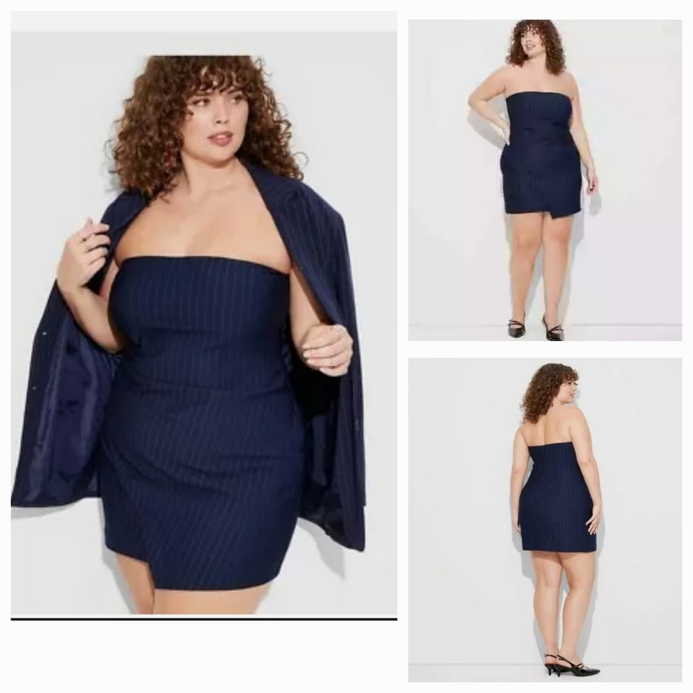 Dress New Navy Blue Pinstriped Ruched Strapless Bodycon Dress